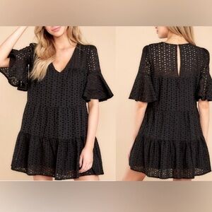 Mustard Seed Black Eyelet Short Swing Dress Size small lined